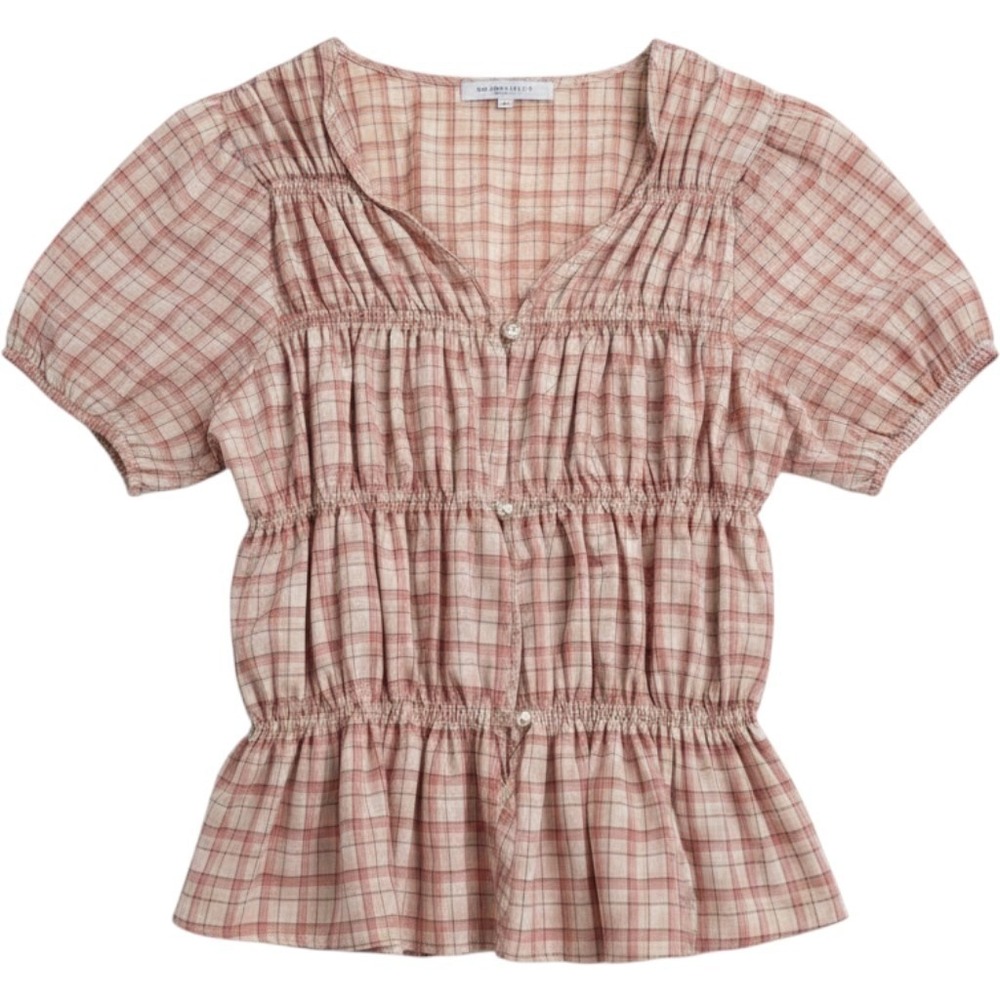 Sweet Rain Plaid Puff Sleeve Smocked Peplum Blouse Peach Tan 2XL TP45525-F53